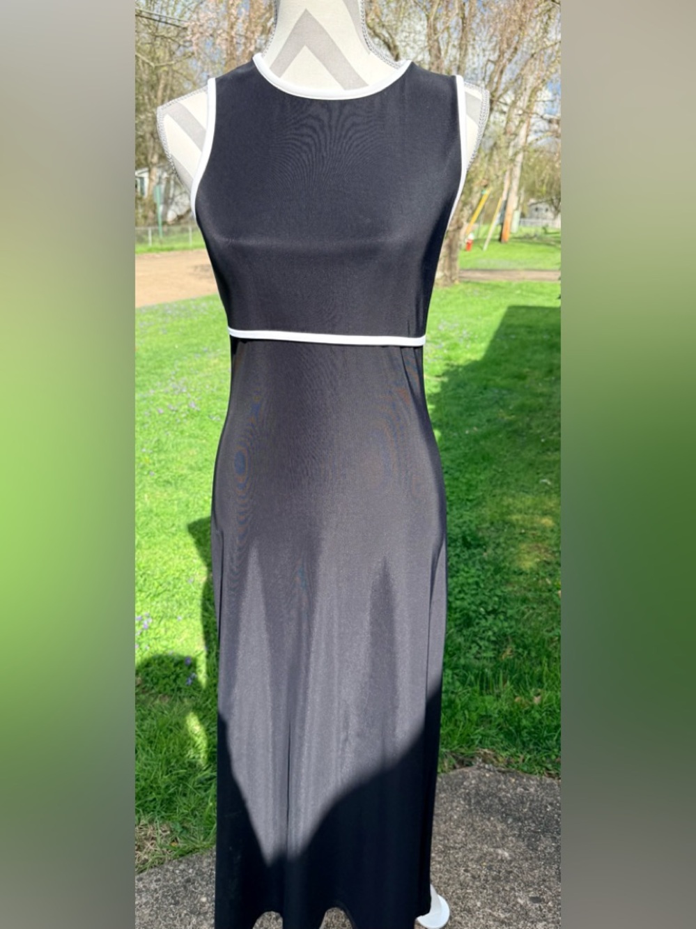 Vintage C.I.T.Y. Classic Black Maxi Dress w/White Trim - Sz. S GUC